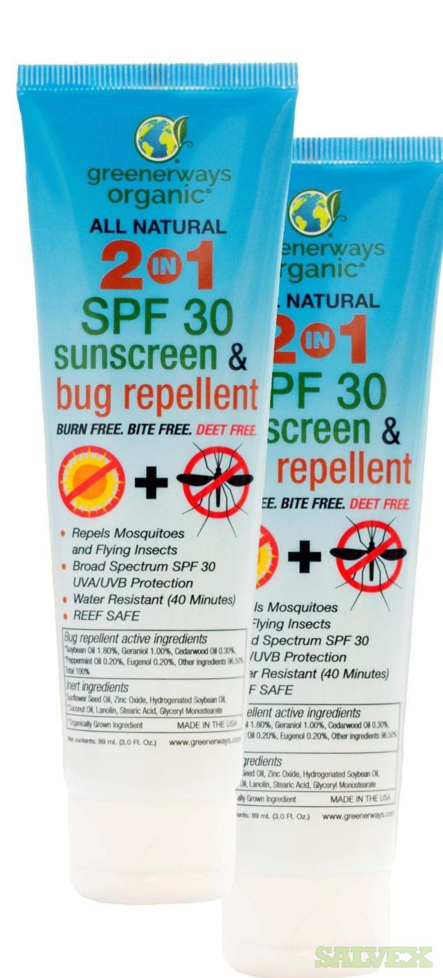 Greenerways Organic All Natural 2in1 SPF 30 Sunscreen & Bug Repellent, DEET FREE (3oz) in