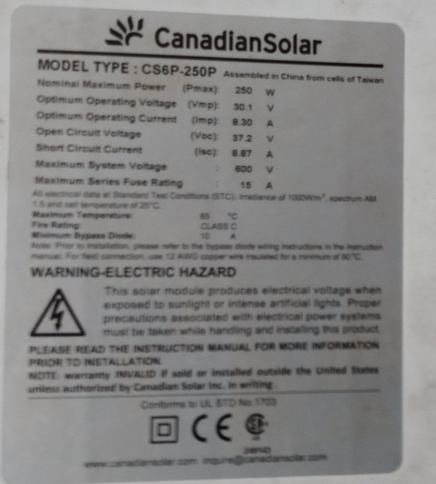 Used Canadian Solar 250W Solar Modules (20 Panels) | Salvex